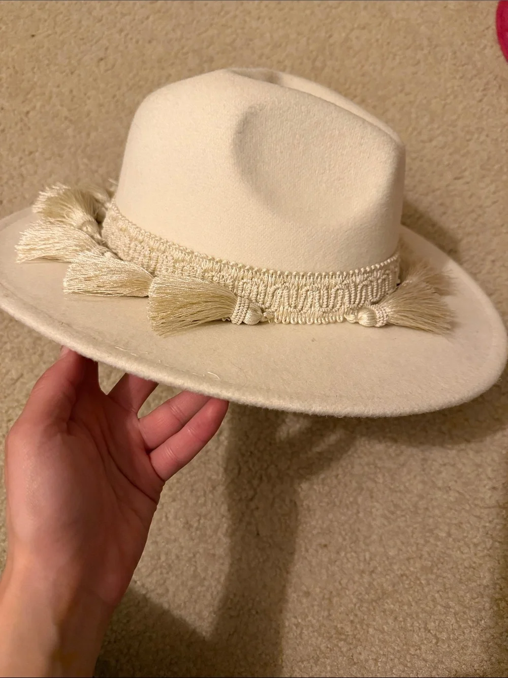 Women's Cream Tassel Trim Wool Fedora Rancher Hat